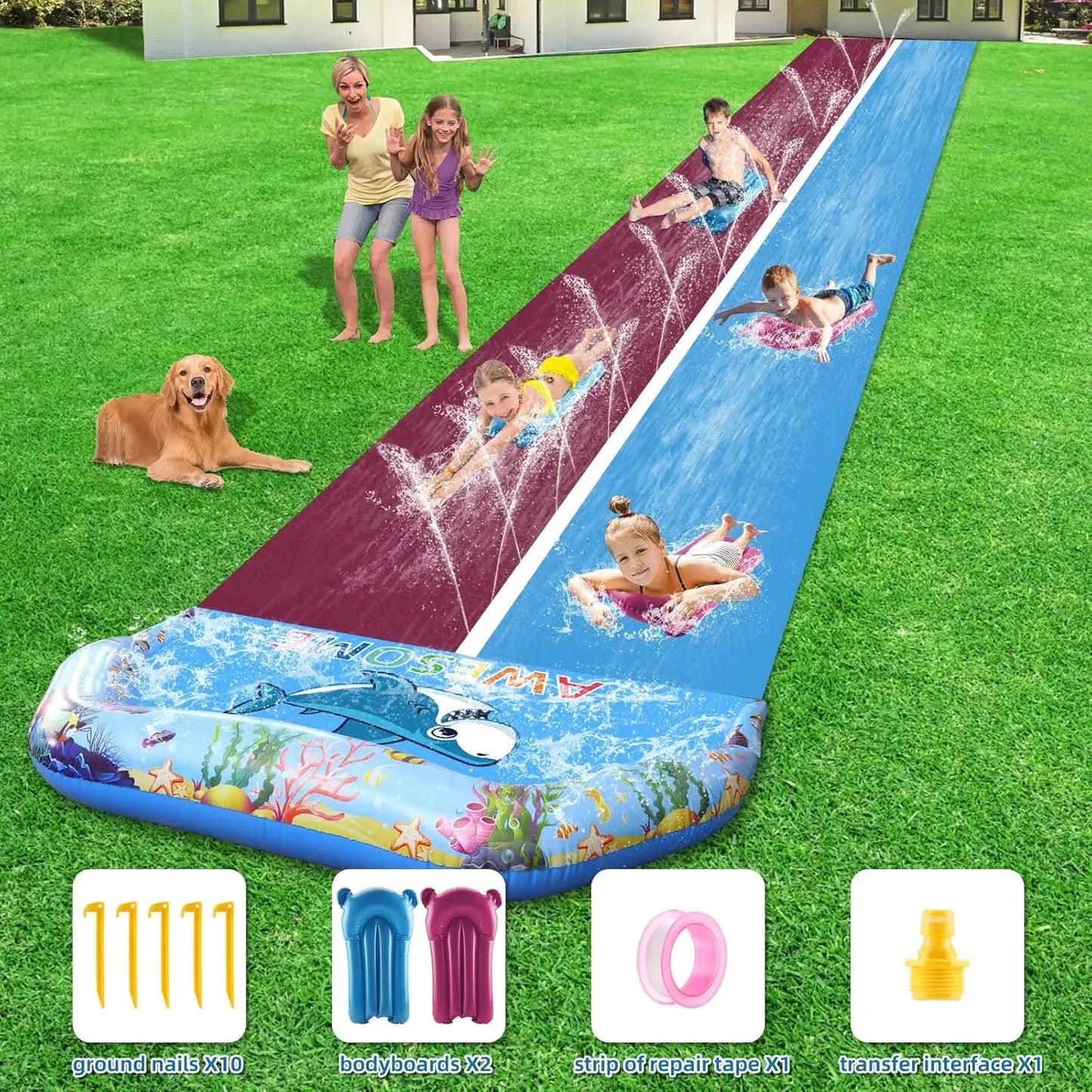 33 FT Extra Long Double Lawn Water Slide for Kids & Adults