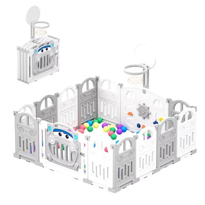 Ultimate Foldable Baby Playpen with Basketball Hoop & 50 Colorful Pit Balls - 14-Panel Toddler Play Fence