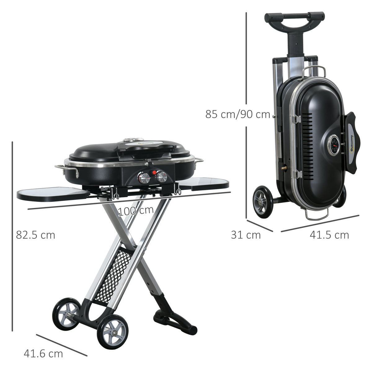 Portable 2-Burner Gas BBQ Grill with Foldable Trolley & Side Storage