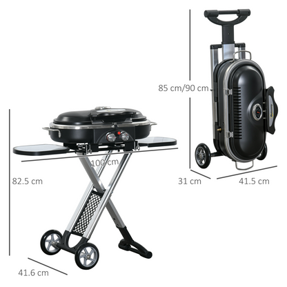 Portable 2-Burner Gas BBQ Grill with Foldable Trolley & Side Storage