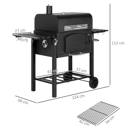 Adjustable Charcoal BBQ Trolley with Thermometer & Lid Handle