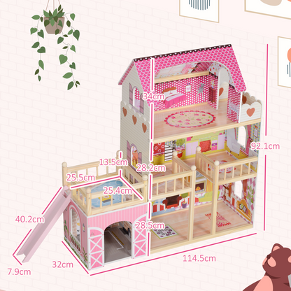 AIYAPLAY 3-Story Pink Dolls House with 13-Piece Wooden Furniture Set