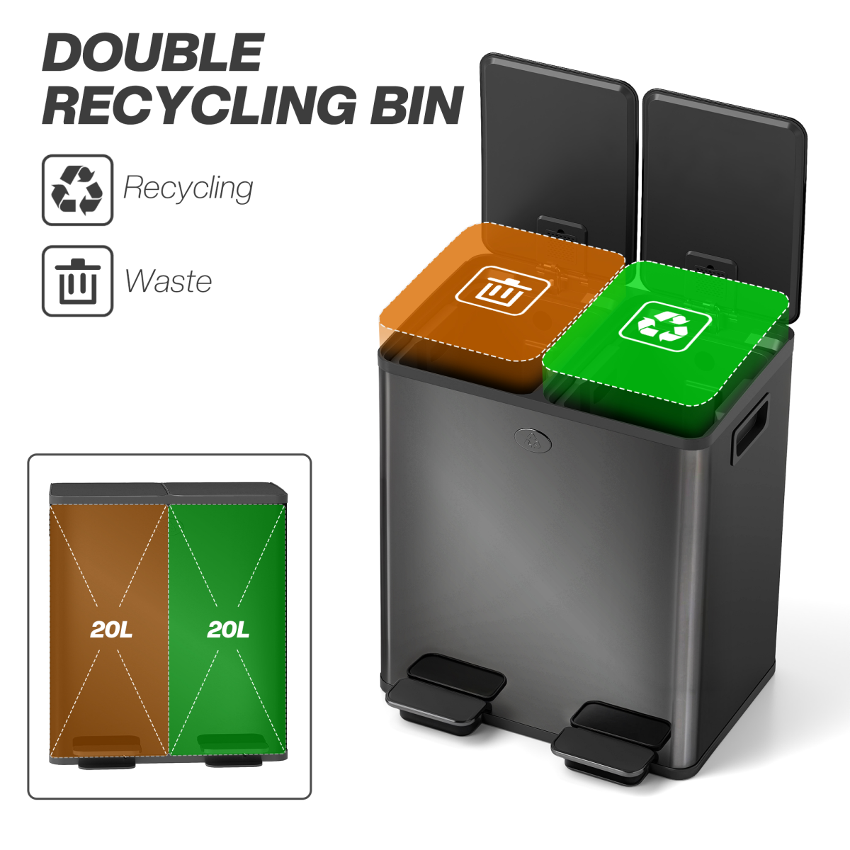 Dual 20L Kitchen Pedal Bin - Smart Recycling & Waste Solution!