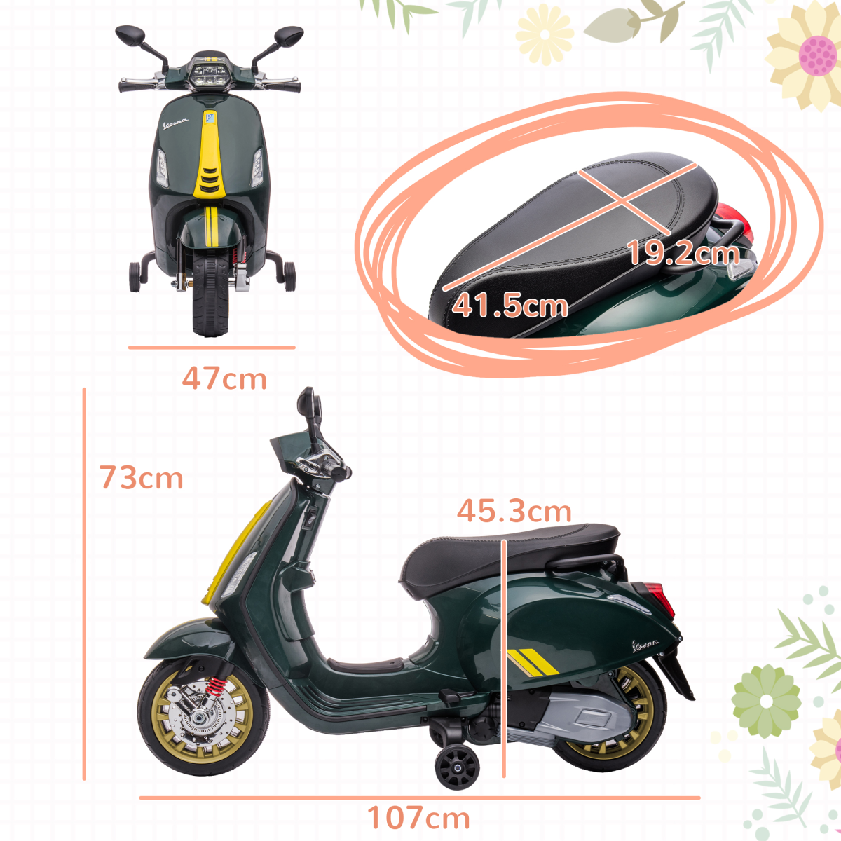 AIYAPLAY Vespa 12V Kids Electric Bike with Training Wheels