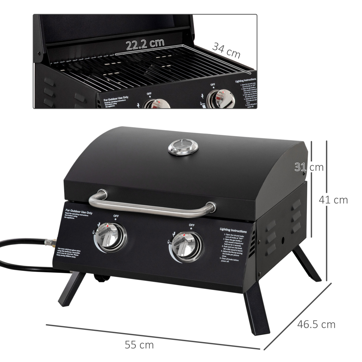 Portable 2-Burner Gas BBQ Grill with Lid & Thermometer