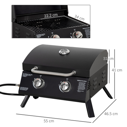 Portable 2-Burner Gas BBQ Grill with Lid & Thermometer