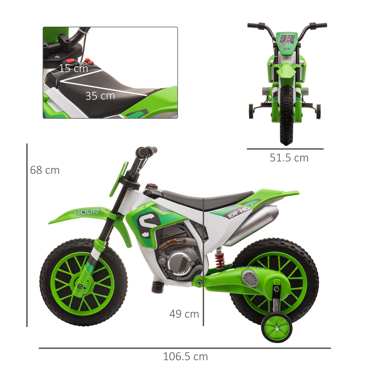 Green 12V Kids Electric Motorbike with Training Wheels