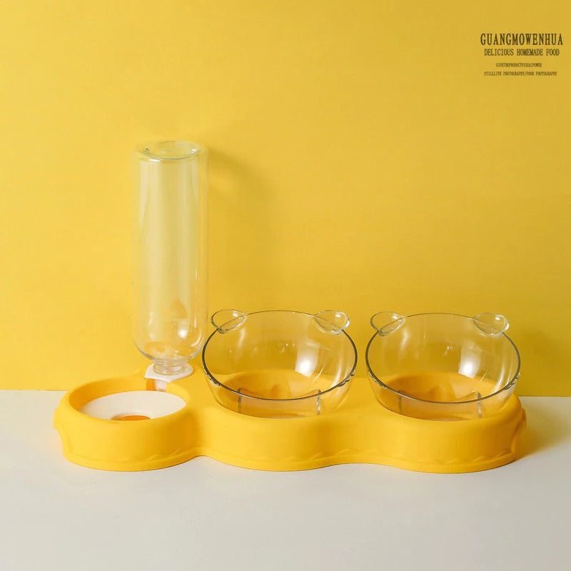 Cat Food Double Bowls Slow Feeder With Waterer Bottle