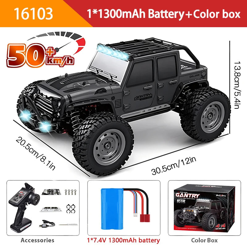 Fast 50Km/H 1/16 Off-Road 4WD RC Monster Truck with LED Headlights - Waterproof Remote Control for Kids & Adults