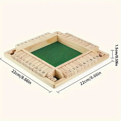 Classic 4-Sided Wooden Shut-The-Box Game with Dice - Timeless Tabletop Fun for Family and Friends