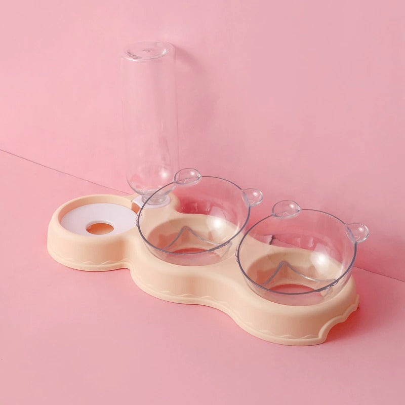 Cat Food Double Bowls Slow Feeder With Waterer Bottle