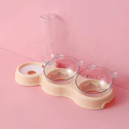 Cat Food Double Bowls Slow Feeder With Waterer Bottle