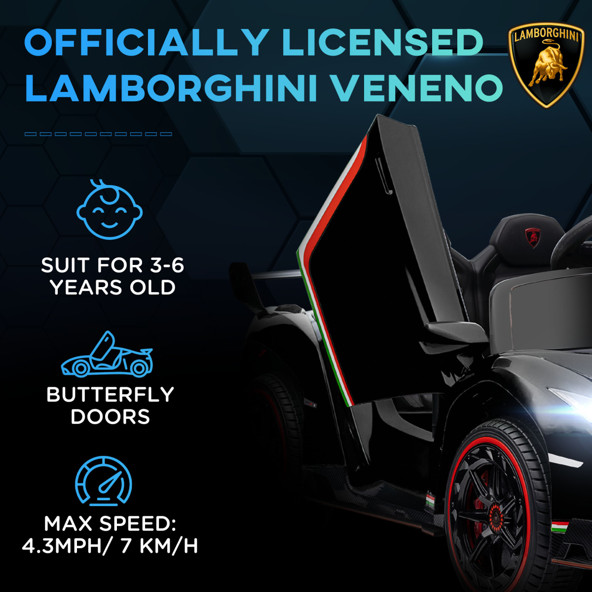 Lamborghini Veneno Kids' Electric Ride-On Car with Remote - Black