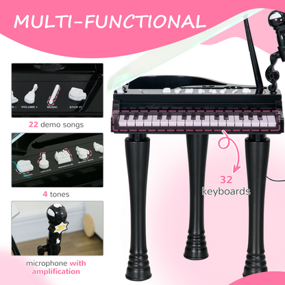 32-Key Kids Piano Keyboard Set with Microphone - Black