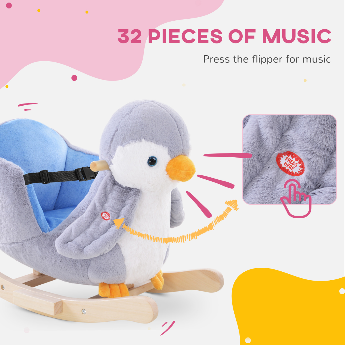 Musical Penguin Plush Rocking Horse for Kids - 32 Songs