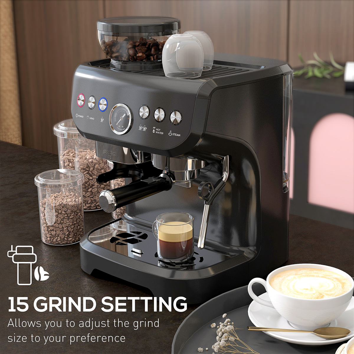 Professional Espresso Machine: Integrated Grinder & Steam Wand - 15 Bar Power