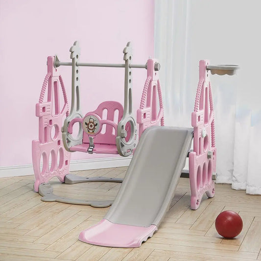 3-in-1 Children's Playground Set with Garden Climber, Slide, Swing, and Basketball Hoop in Pink