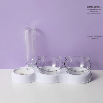 Cat Food Double Bowls Slow Feeder With Waterer Bottle