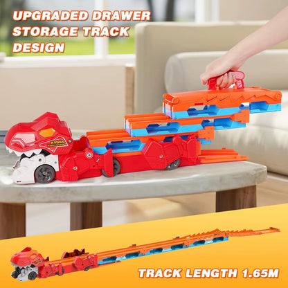 Dinosaur 3-in-1 Transport Truck with 8 Race Cars - Ejection Folding Portable Track Toy with Sound for Kids Age 3+