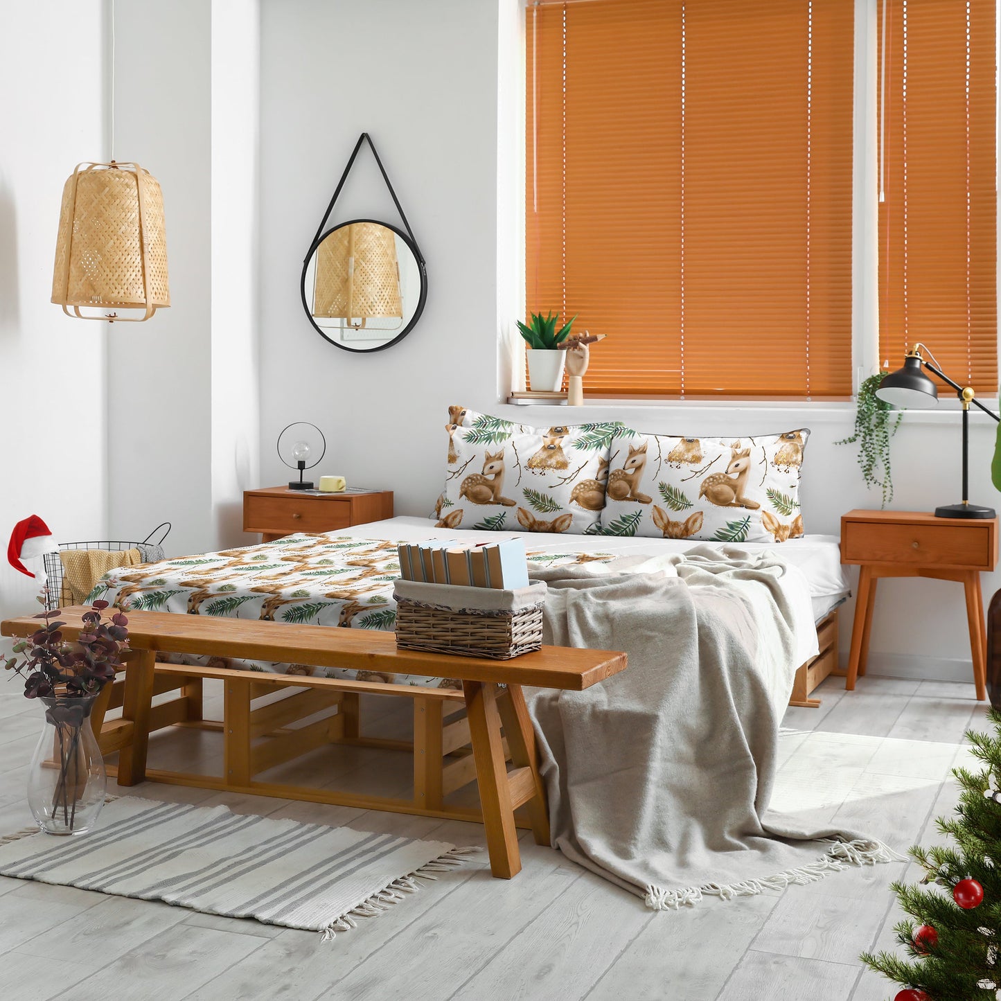 Deers & Fern Leaves Watercolor Duvet Cover Set