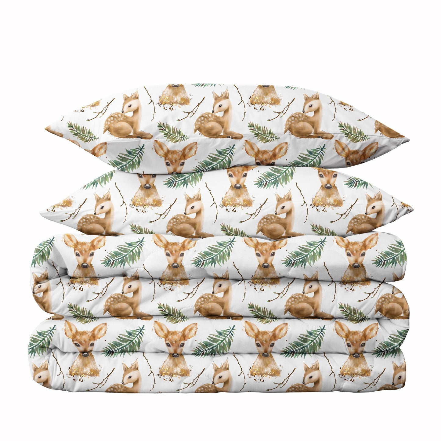Deers & Fern Leaves Watercolor Duvet Cover Set