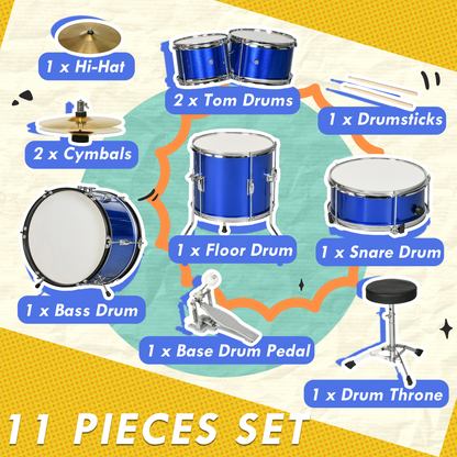 AIYAPLAY Junior Drum Set 11-Piece Kids Kit - Blue