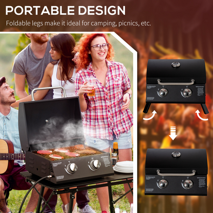 Portable 2-Burner Gas BBQ Grill with Lid & Thermometer