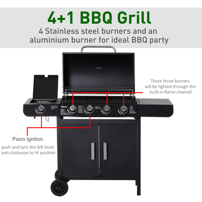 4-Burner Gas BBQ Grill with Side Burner & Easy-Move Wheels