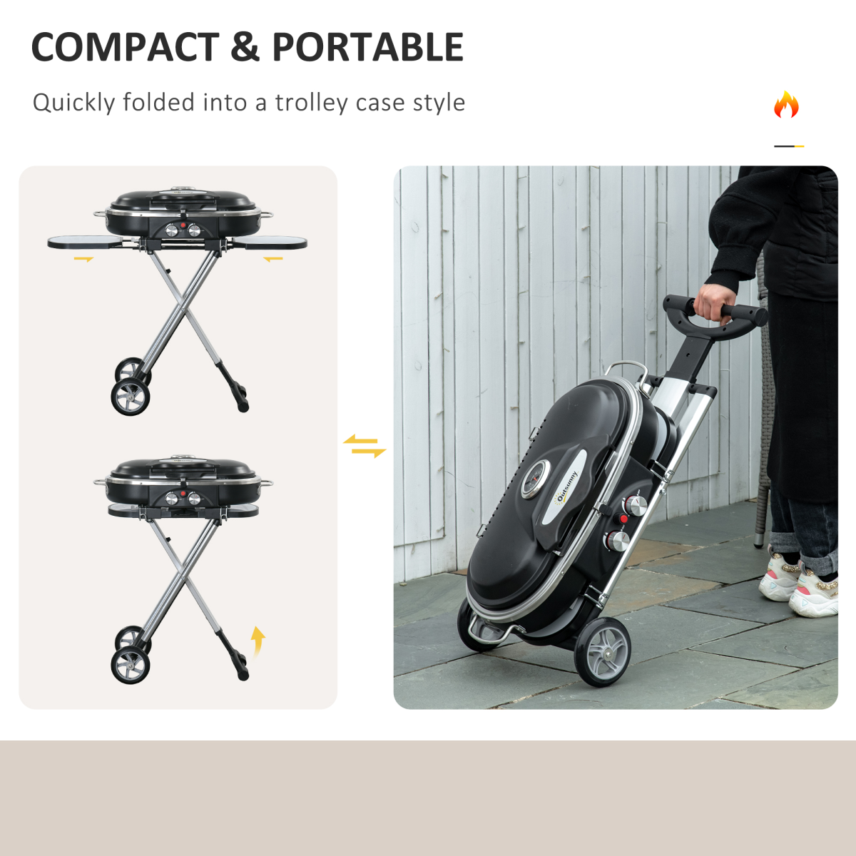Portable 2-Burner Gas BBQ Grill with Foldable Trolley & Side Storage