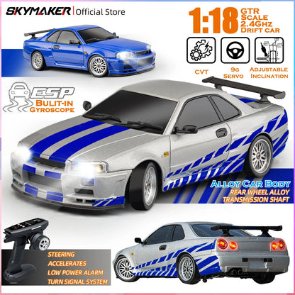 LD1899 1/18 Scale GTR R34 RC Drifting Car - High-Speed Alloy Body with Gyroscope & 2.4GHz RWD Remote Control Racing Vehicle