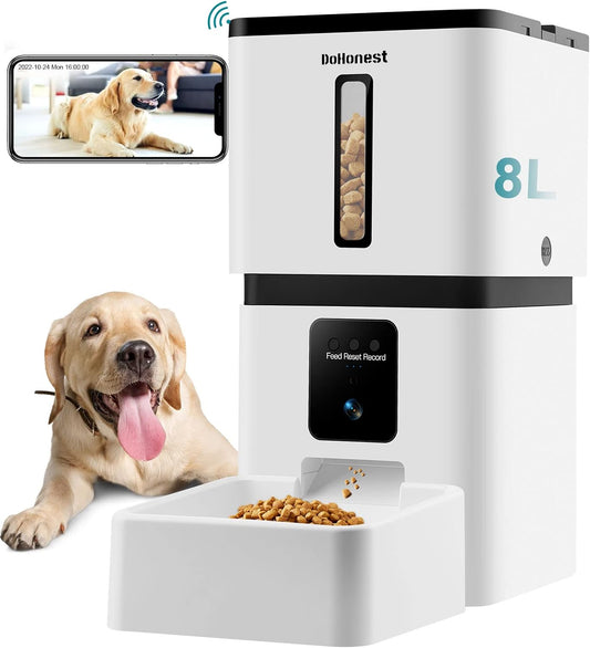 Automatic Dog Feeder 8L  with Camera: 5G WiFi Easy Setup Motion Detection Smart Cat Food Dispenser 1080P