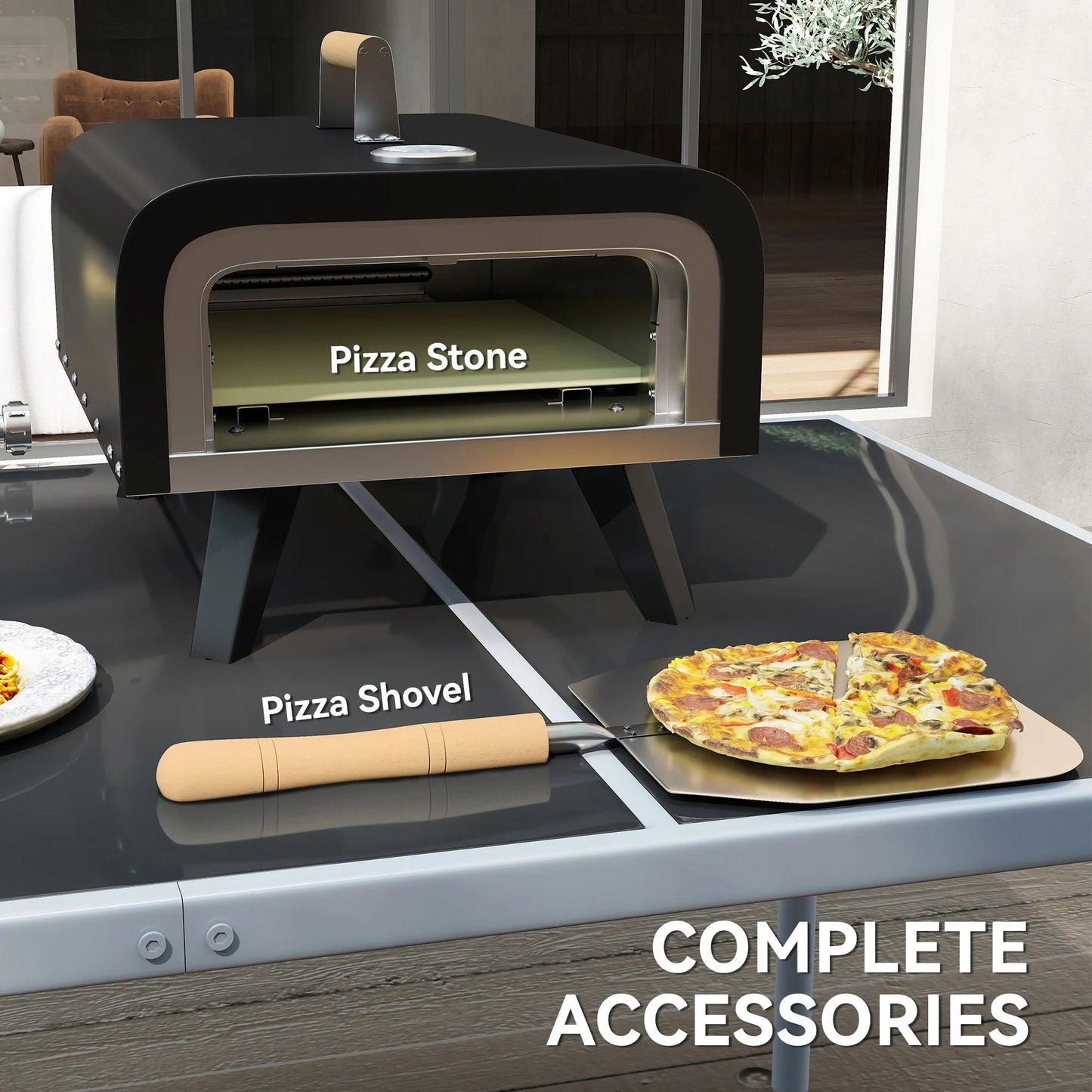 Outdoor Tabletop Gas Pizza Oven, 12" Stone & Peel, Portable with Thermometer, Foldable Legs, Handle, Gas Hose, Black