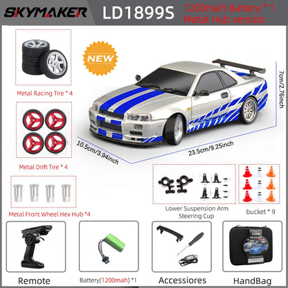 LD1899 1/18 Scale GTR R34 RC Drifting Car - High-Speed Alloy Body with Gyroscope & 2.4GHz RWD Remote Control Racing Vehicle
