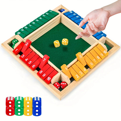 Classic 4-Sided Wooden Shut-The-Box Game with Dice - Timeless Tabletop Fun for Family and Friends