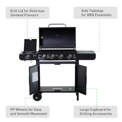 4-Burner Gas BBQ Grill with Side Burner & Easy-Move Wheels