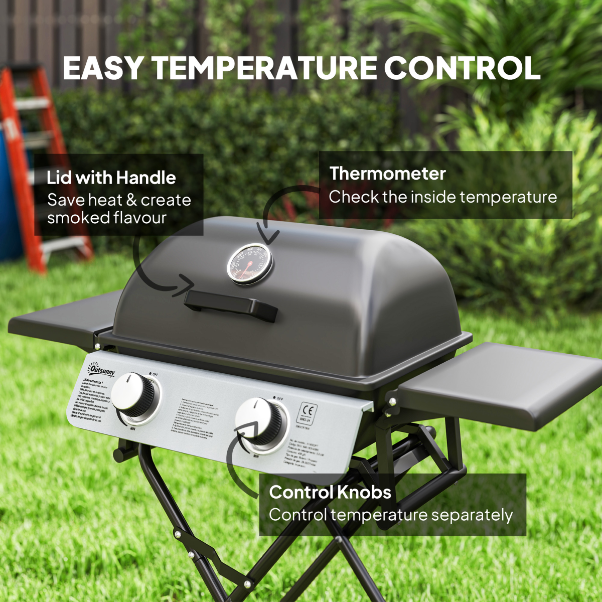 Portable Gas BBQ Grill with Side Tables - Black
