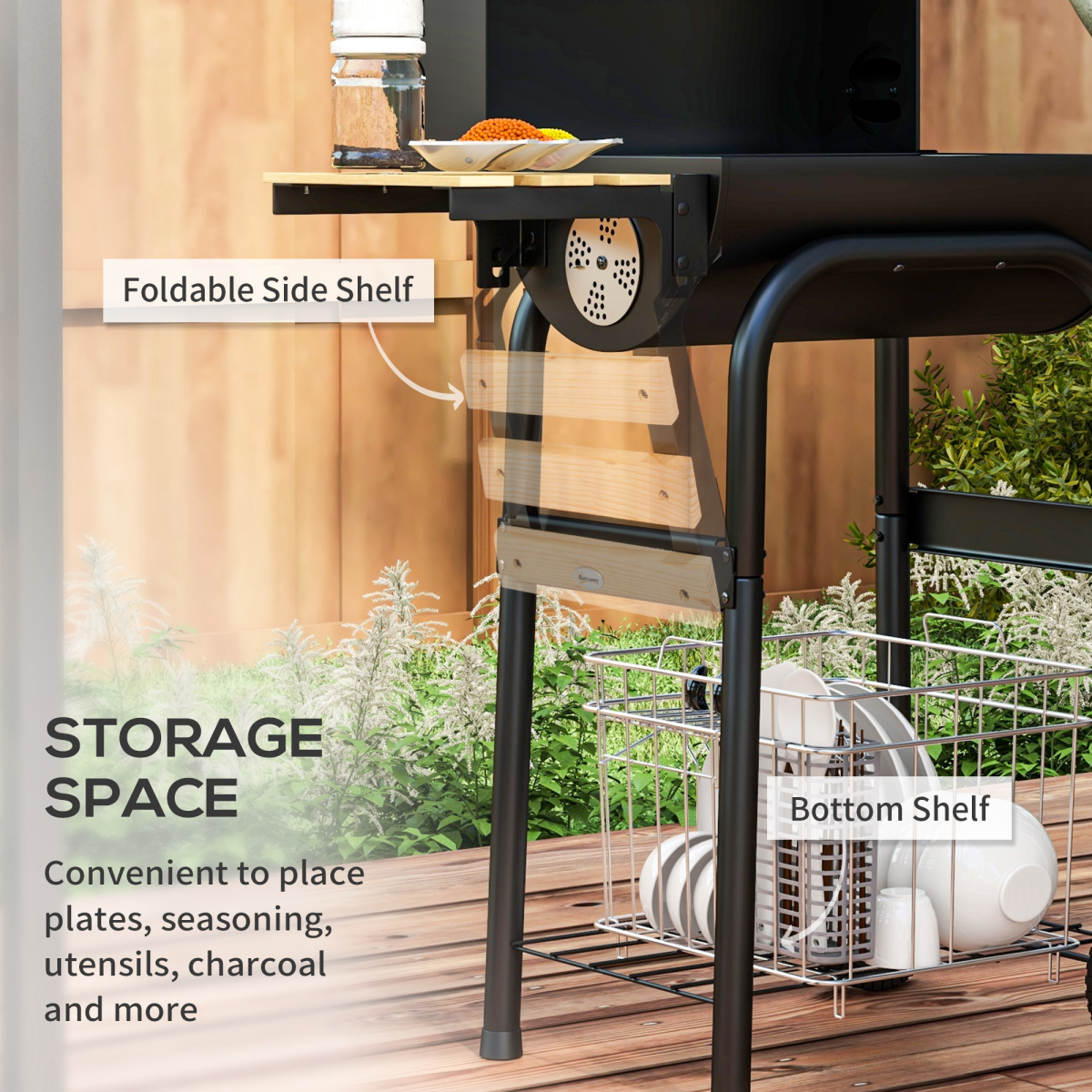 Portable Charcoal BBQ Grill Trolley with Shelves