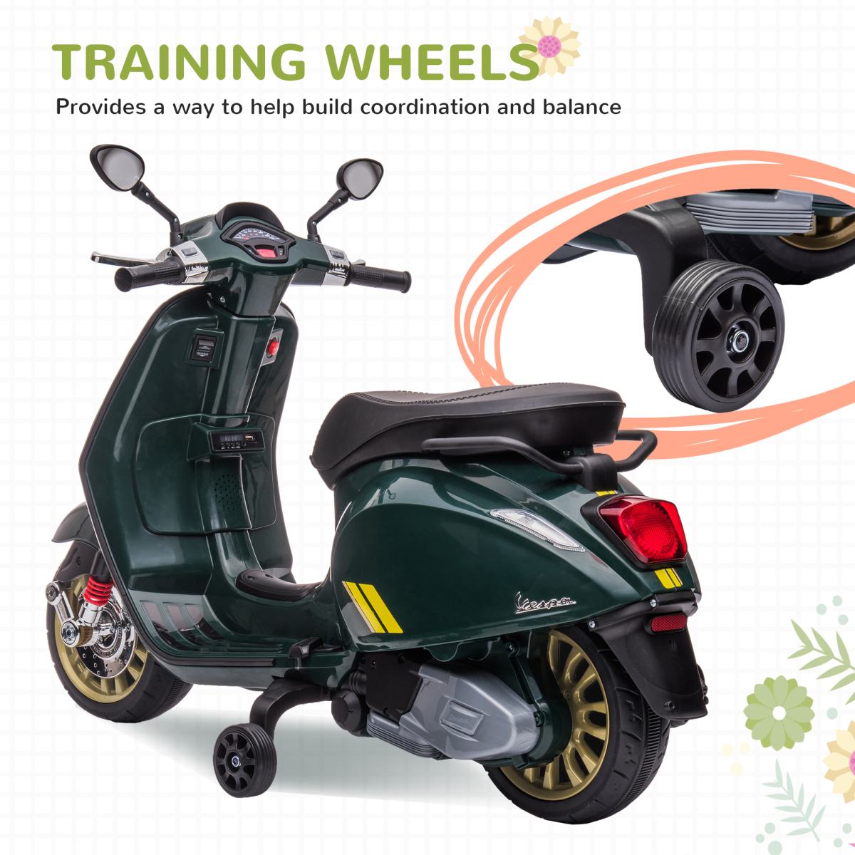 AIYAPLAY Vespa 12V Kids Electric Bike with Training Wheels