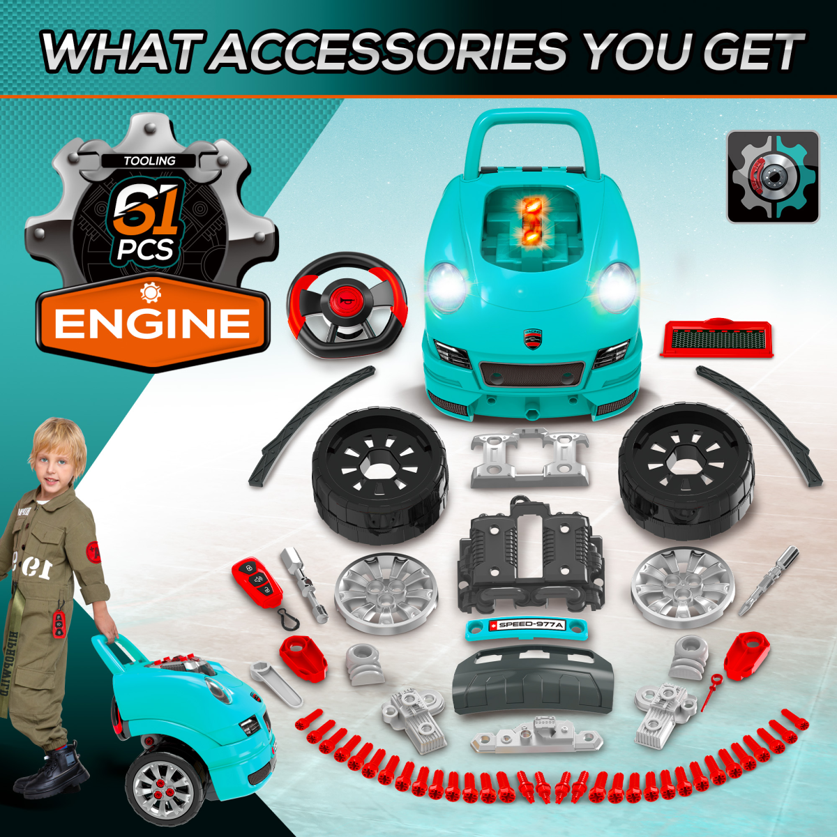Ultimate DIY Kids Truck Engine Toy Set – Teal Green