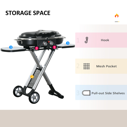 Portable 2-Burner Gas BBQ Grill with Foldable Trolley & Side Storage