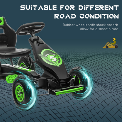 Kids Pedal Go Kart - Adjustable Seat, Rubber Wheels, Brake, Green
