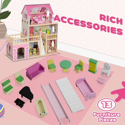 AIYAPLAY 3-Story Pink Dolls House with 13-Piece Wooden Furniture Set