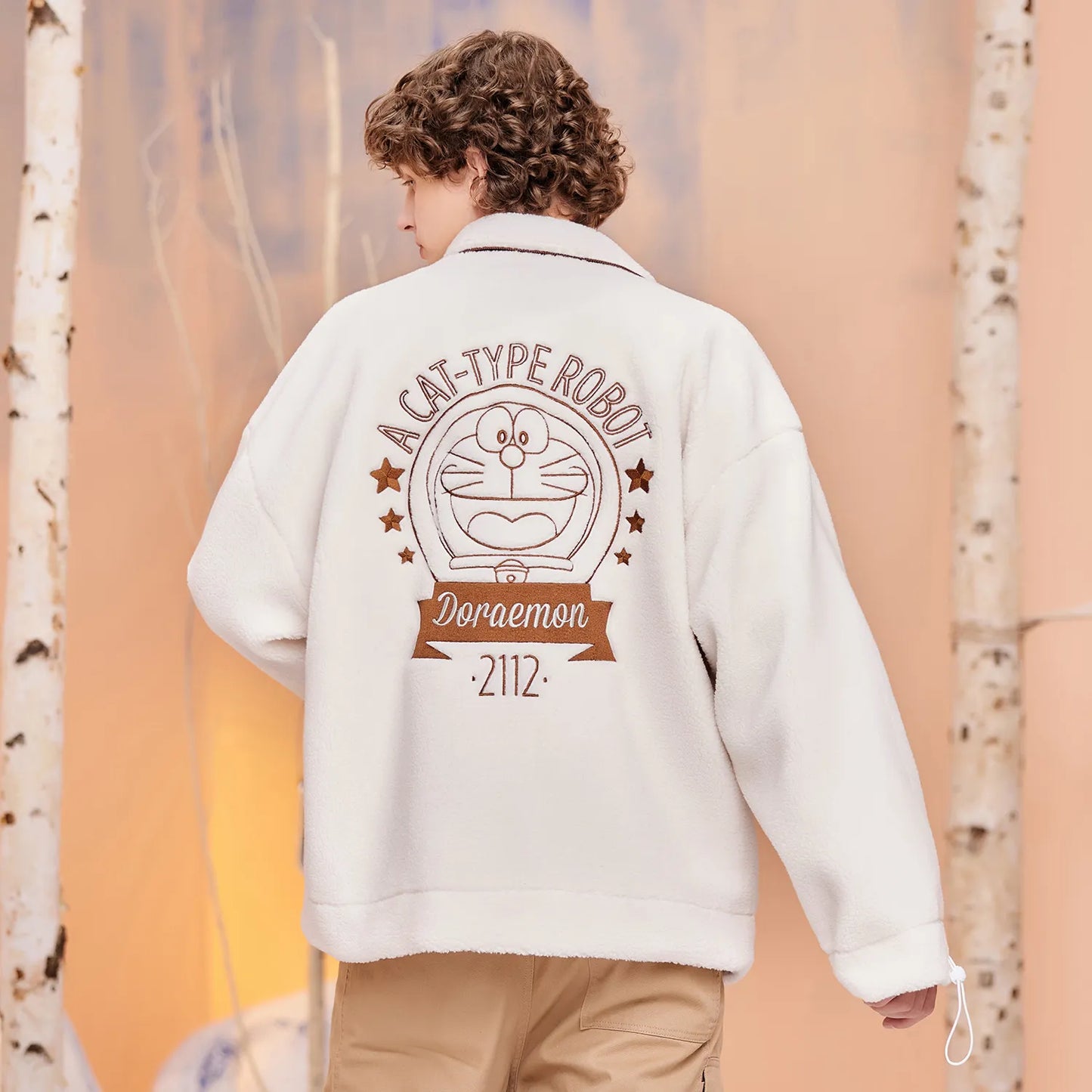 Doraemon© - Sherpa Fleece Robot Cat Embroidery - Utility Pocket Design - Fleece-Lined Thickened Jacket