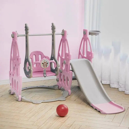 3-in-1 Children's Playground Set with Garden Climber, Slide, Swing, and Basketball Hoop in Pink
