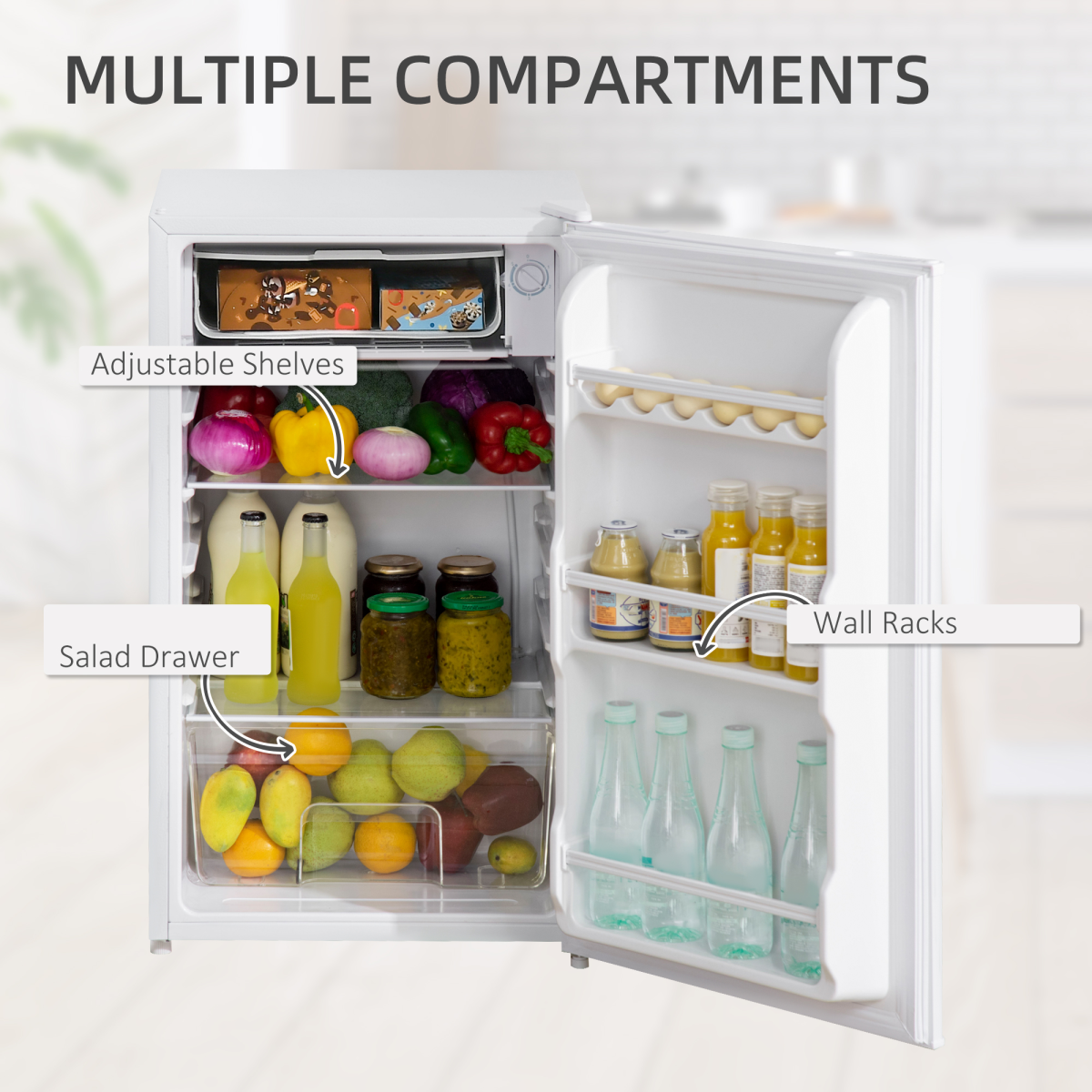 Compact 91L Freestanding Under Counter Fridge with Chiller Box - White