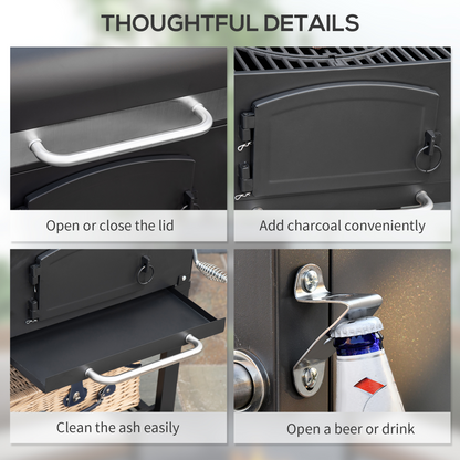 Adjustable Charcoal BBQ Trolley with Thermometer & Lid Handle