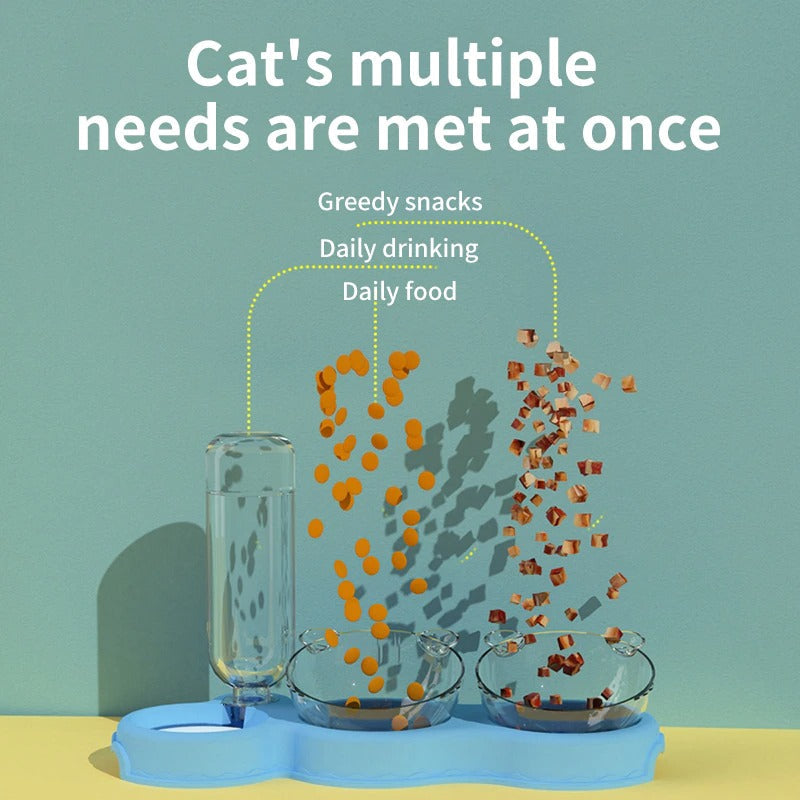 Cat Food Double Bowls Slow Feeder With Waterer Bottle