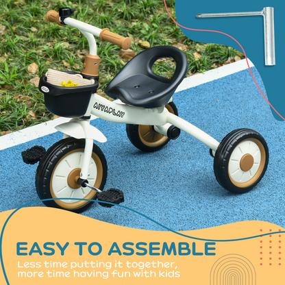 White Kids Trike with Adjustable Seat, Basket & Bell (Ages 2-5)