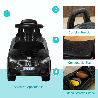 Kids Ride-On Car: Stylish Black Toddler Walker with Music & Storage