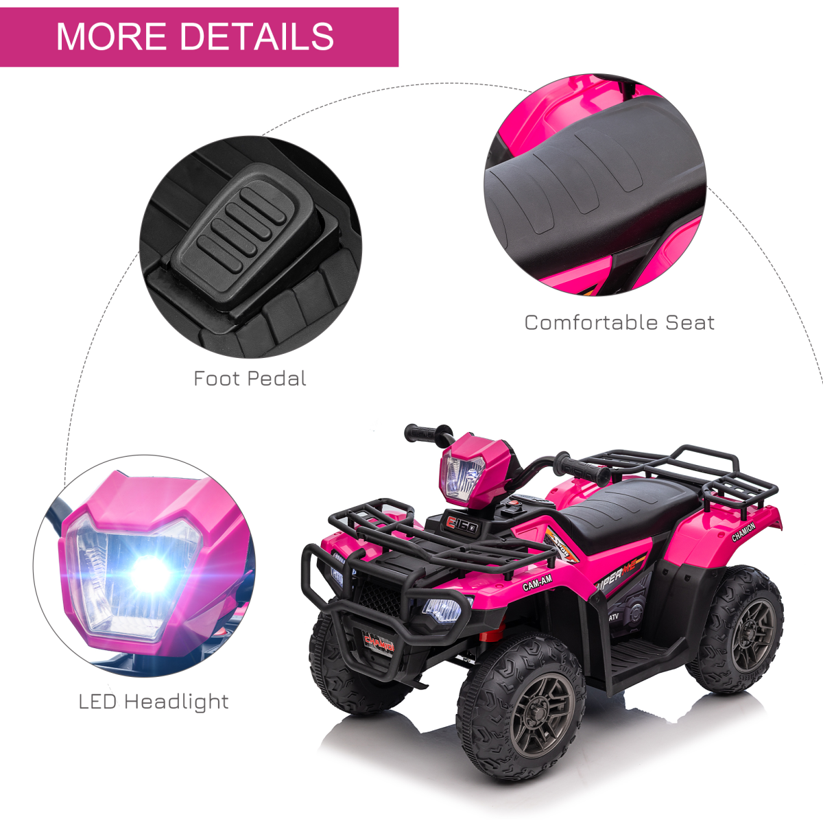 Vibrant Pink 12V Kids Electric Quad Bike w/ LED Lights & Music